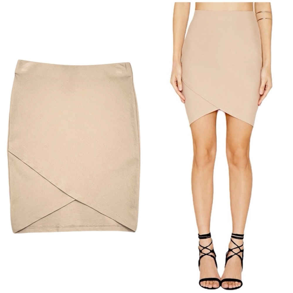 NWOT Stretchy Nude Asymmetric Tulip Bodycon Pencil Skirt, Size Small/S